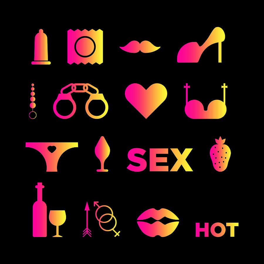 Colorful icons representing adult themes and intimate essentials in the New Arrivals collection.