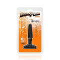 small black butt plug in packaging, phthalate free, velvety smooth, flexible, and easy to clean.