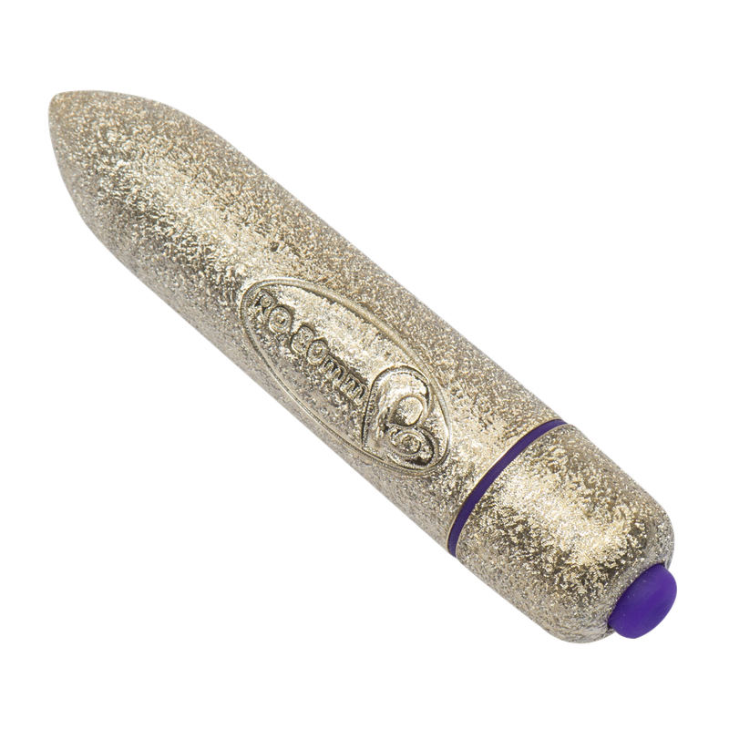 RO-80mm gold vibrating bullet, featuring 7 speeds, in elegant rose gold design for intense pleasure.