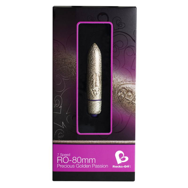 RO-80mm 7 Speed Precious Rose Gold Vibrating Bullet in elegant packaging with a sleek design.
