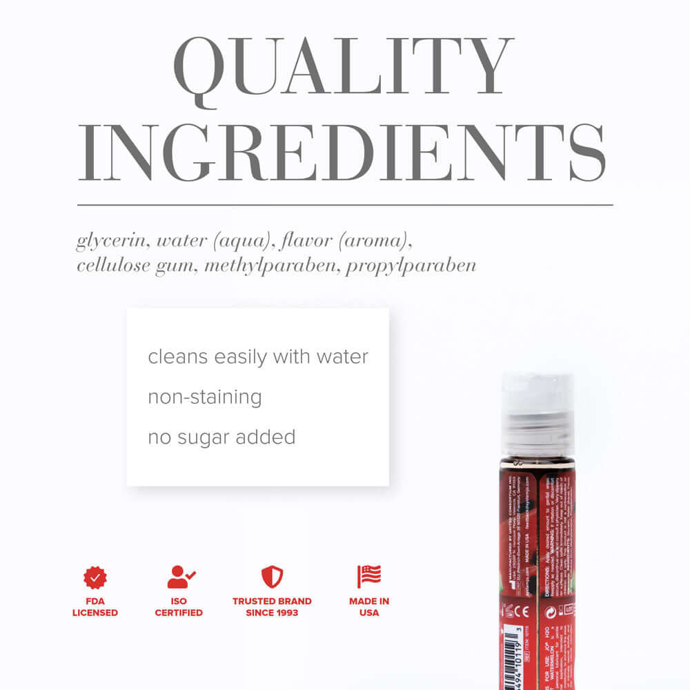 Quality ingredients list for JO H2O watermelon flavored lubricant highlighting sugar-free, non-staining, and easy cleaning.