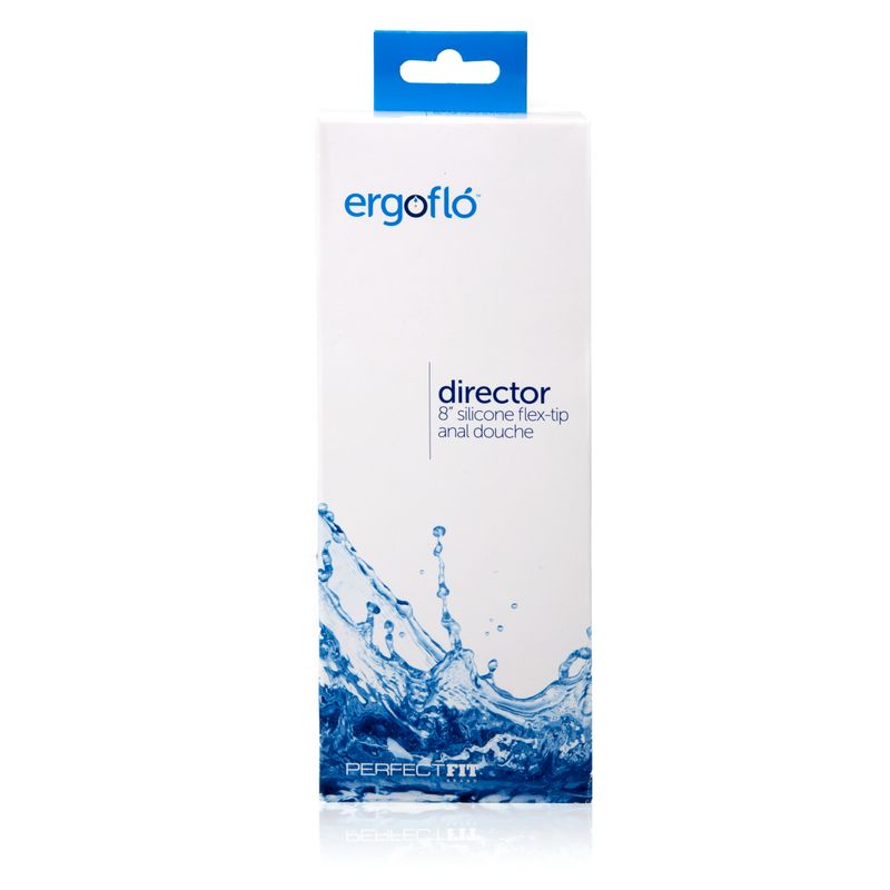 Ergoflo Director 8" silicone flex-tip anal douche packaging with wave design and brand logo.