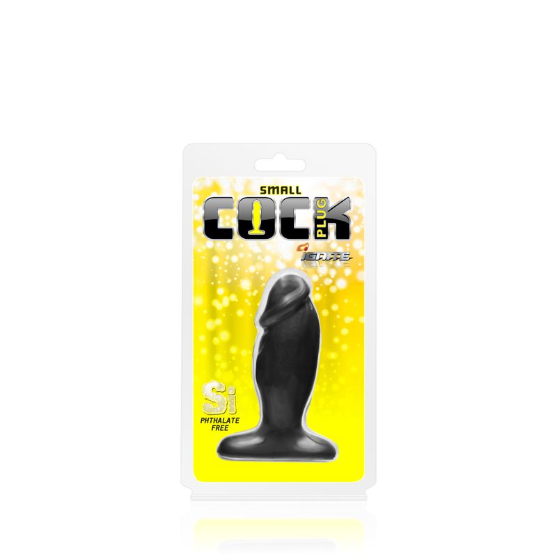 Small realistic cock plug in packaging, featuring a shiny black PVC design, phthalate free, 4in length.