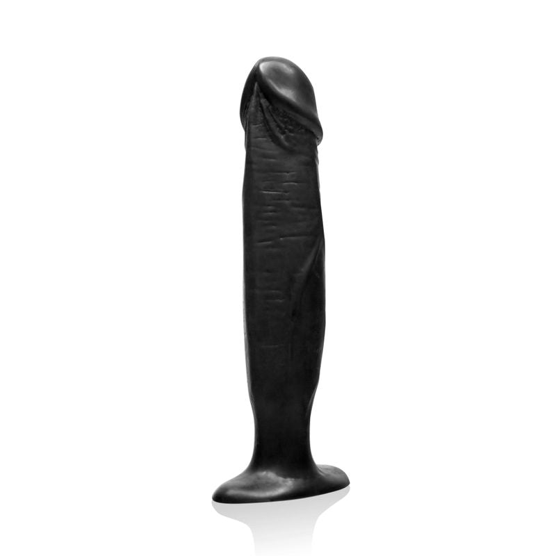 Large realistic cock plug in black, 7.5 inches long and made of phthalate-free PVC material.
