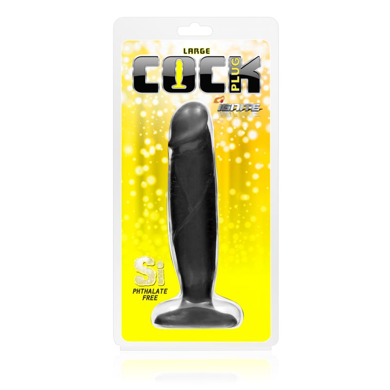 Large realistic cock plug shown in packaging with phthalate-free material.