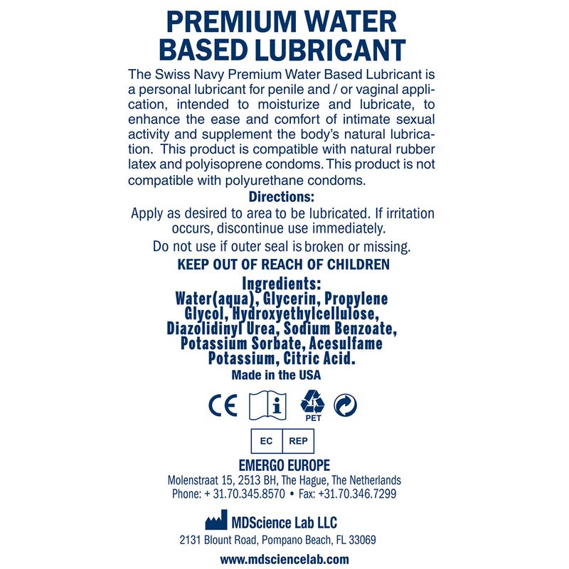 Swiss Navy Arousal Gel 4oz/118ml label showing premium water-based lubricant for personal use, safe with condoms.