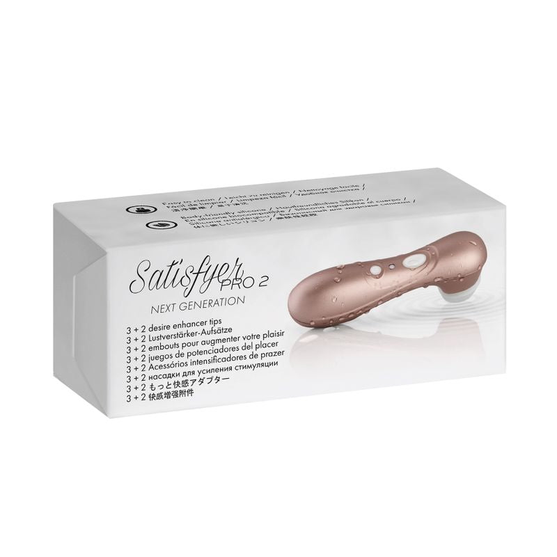Satisfyer Pro 2 replacement tips packaging with silicone tips for enhanced pleasure and easy cleaning.