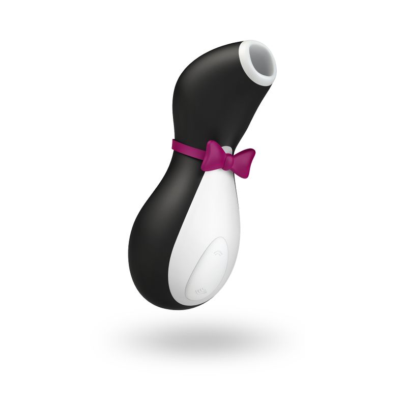 Satisfyer Pro Penguin vibrator in a cute penguin design with a pink bow, showcasing its sleek curved head.