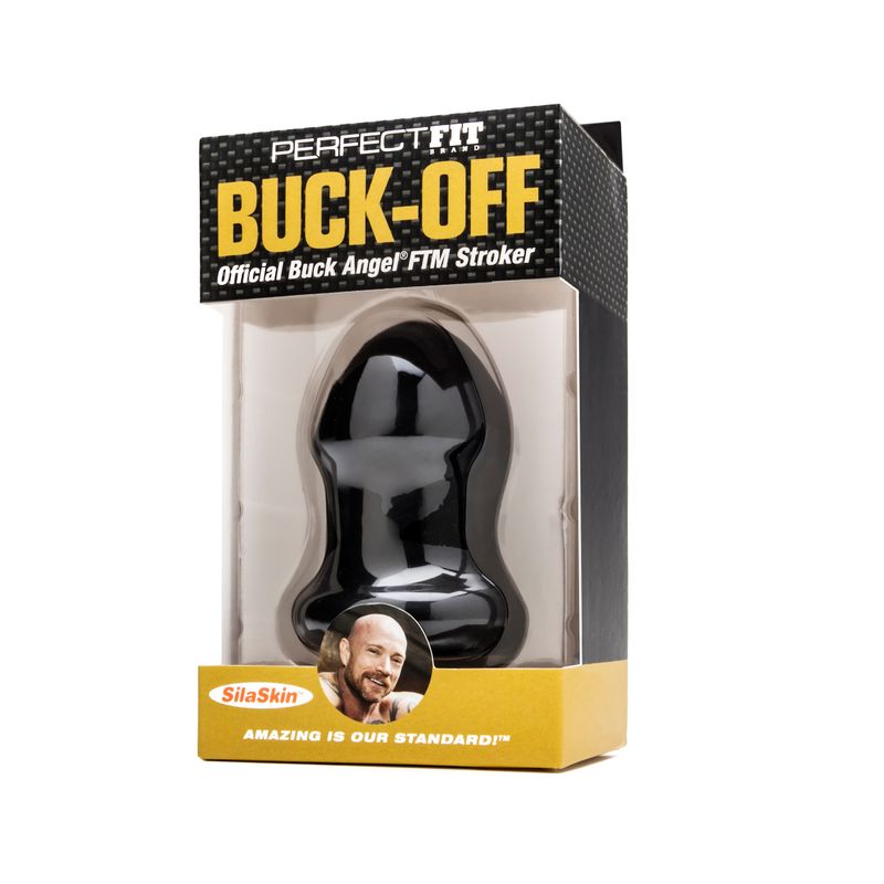 Buck Angel Buck Off FTM Stroker in packaging showcasing its sleek design and features.