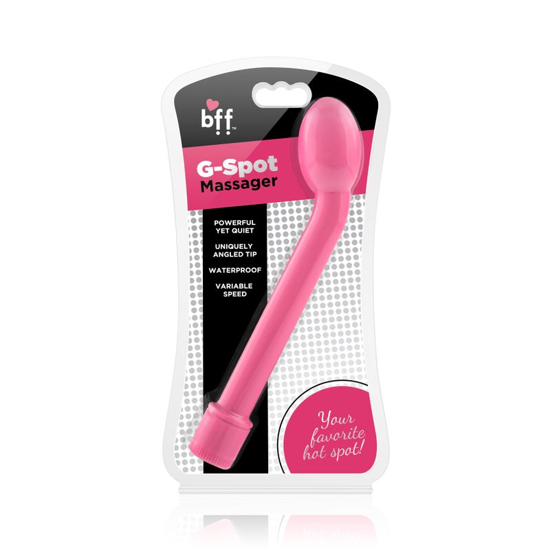 Curved G Spot Massager in pink packaging with angled tip design and waterproof label, ideal for targeted stimulation.
