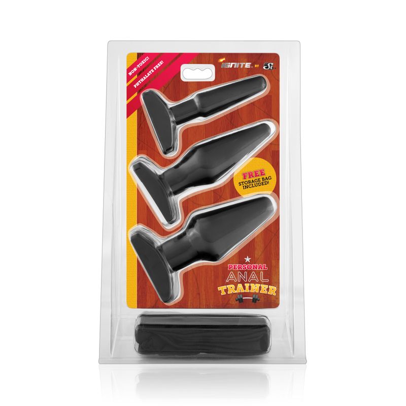 Anal Trainer Kit Black, perfect anal trainer kit for beginners, includes three sizes and storage bag.