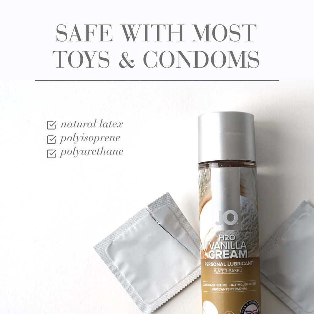 JO H2O Vanilla Cream Lube bottle with condoms, safe with most toys and condoms, vanilla flavored water based lubricant.