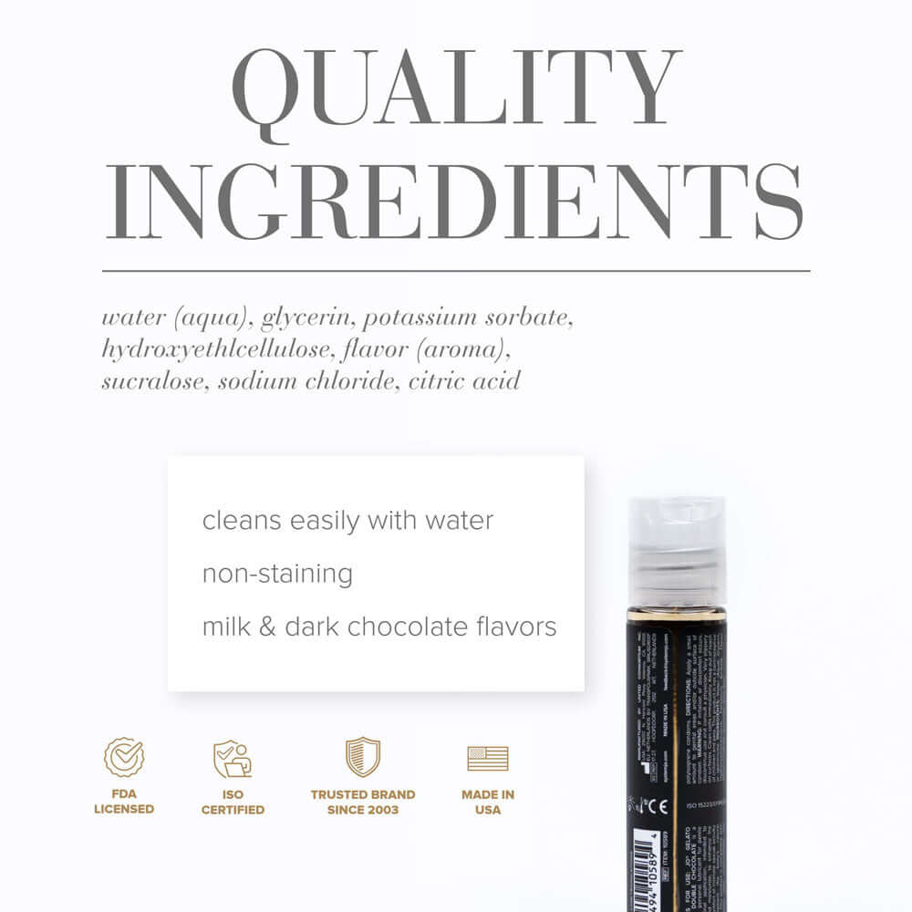Quality ingredients for JO Gelato Decadent Double Chocolate lubricant, featuring chocolate flavored lubricant benefits.