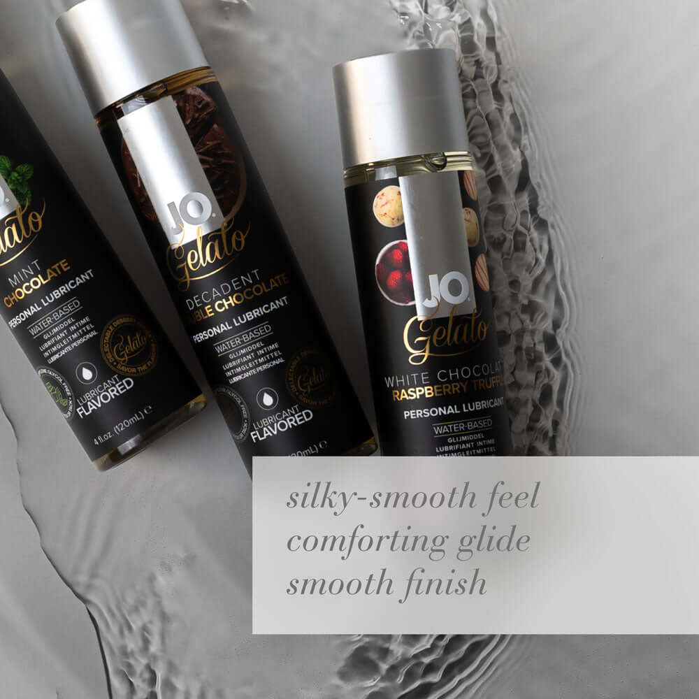 JO Gelato White Chocolate Raspberry lubricant bottles showcasing silky-smooth feel and comforting glide.