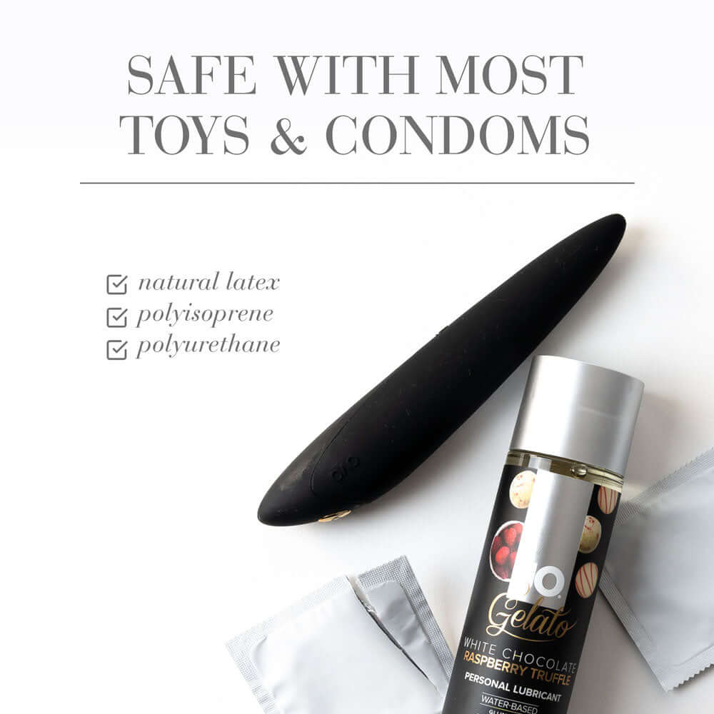 Image of JO Gelato White Chocolate Raspberry lubricant bottle, showcasing compatibility with toys and condoms.