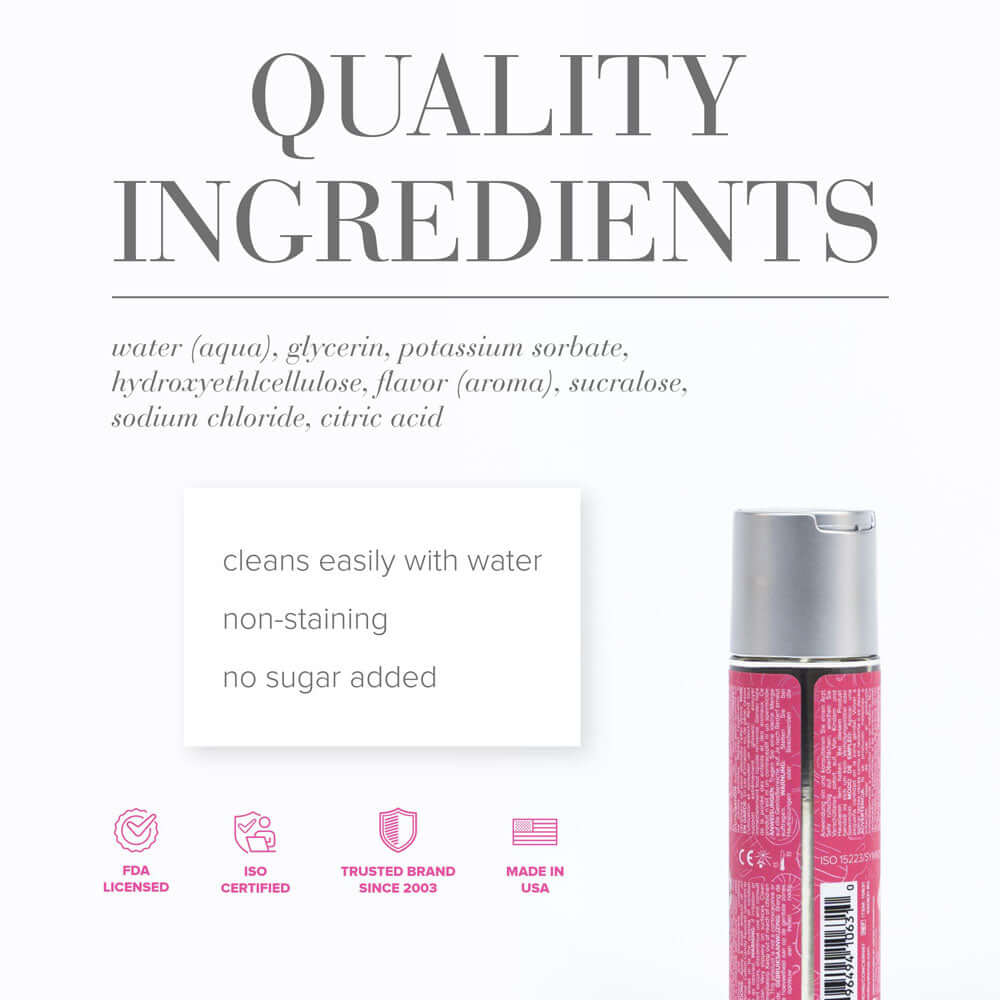 Quality ingredients for JO Candy Shop cotton candy flavored lubricant, including water, glycerin, and more.