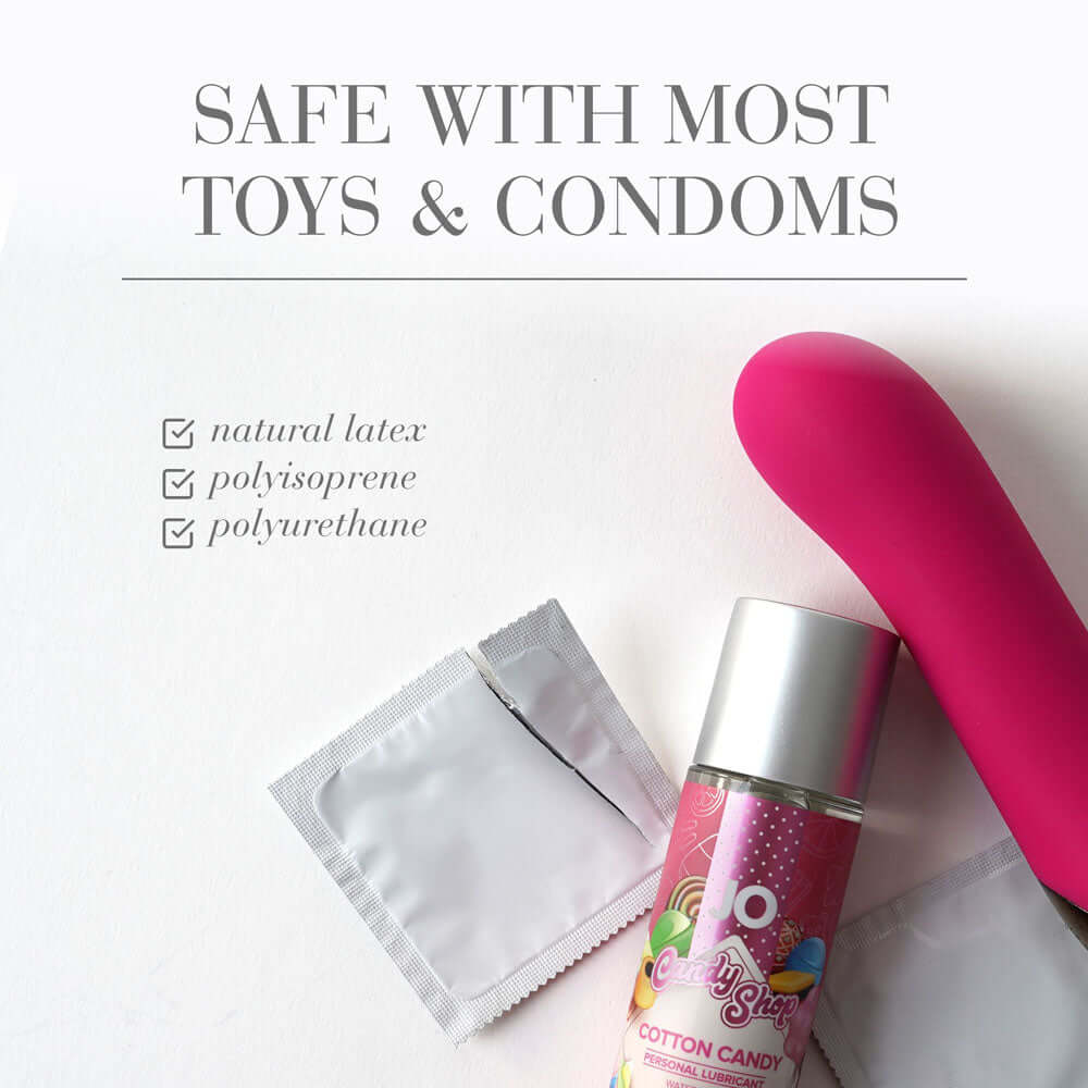 JO Candy Shop Cotton Candy Lube next to a pink toy, highlighting safety with toys and condoms.