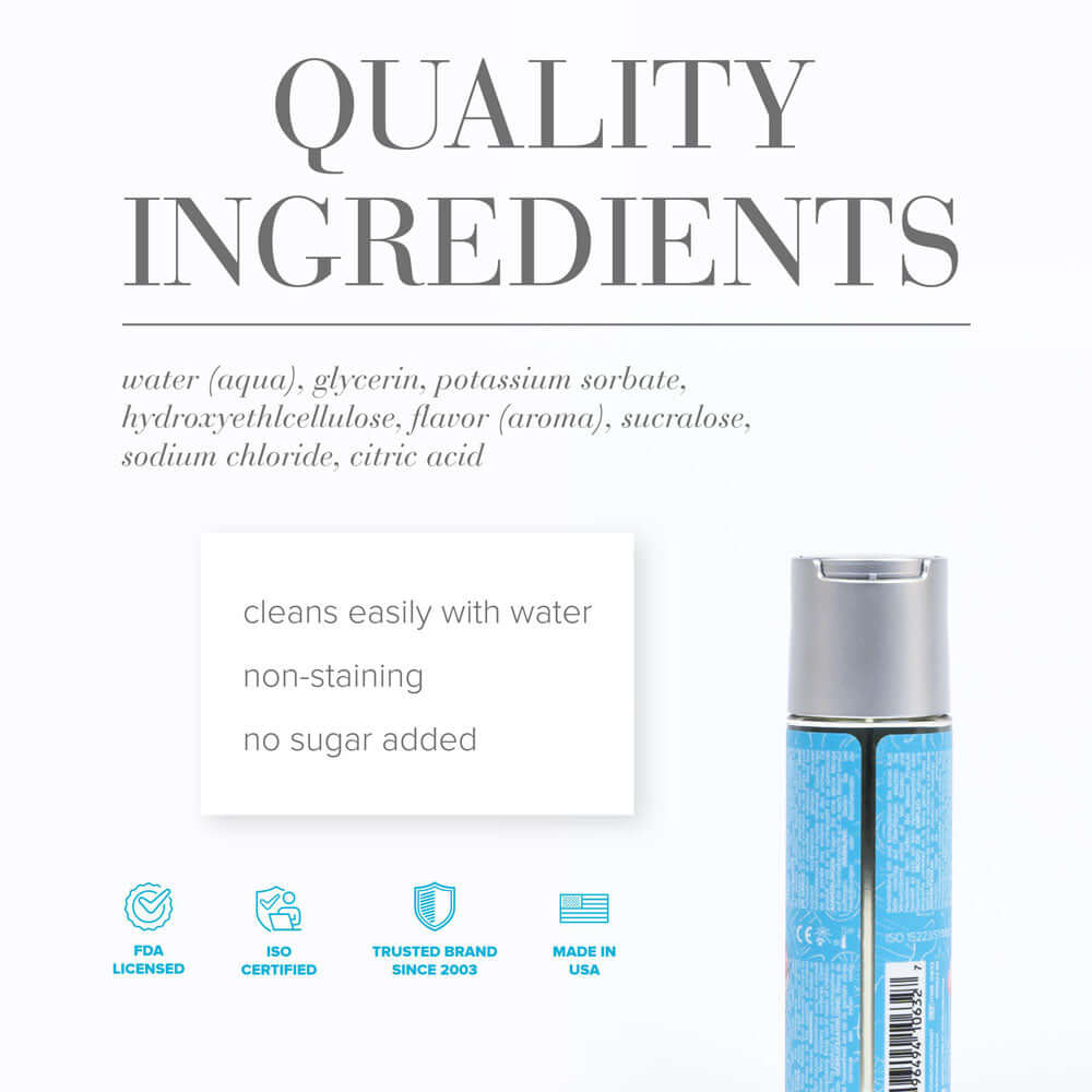 Quality ingredients for JO Candy Shop Bubblegum Lube featuring water, glycerin, and sugar-free formula.