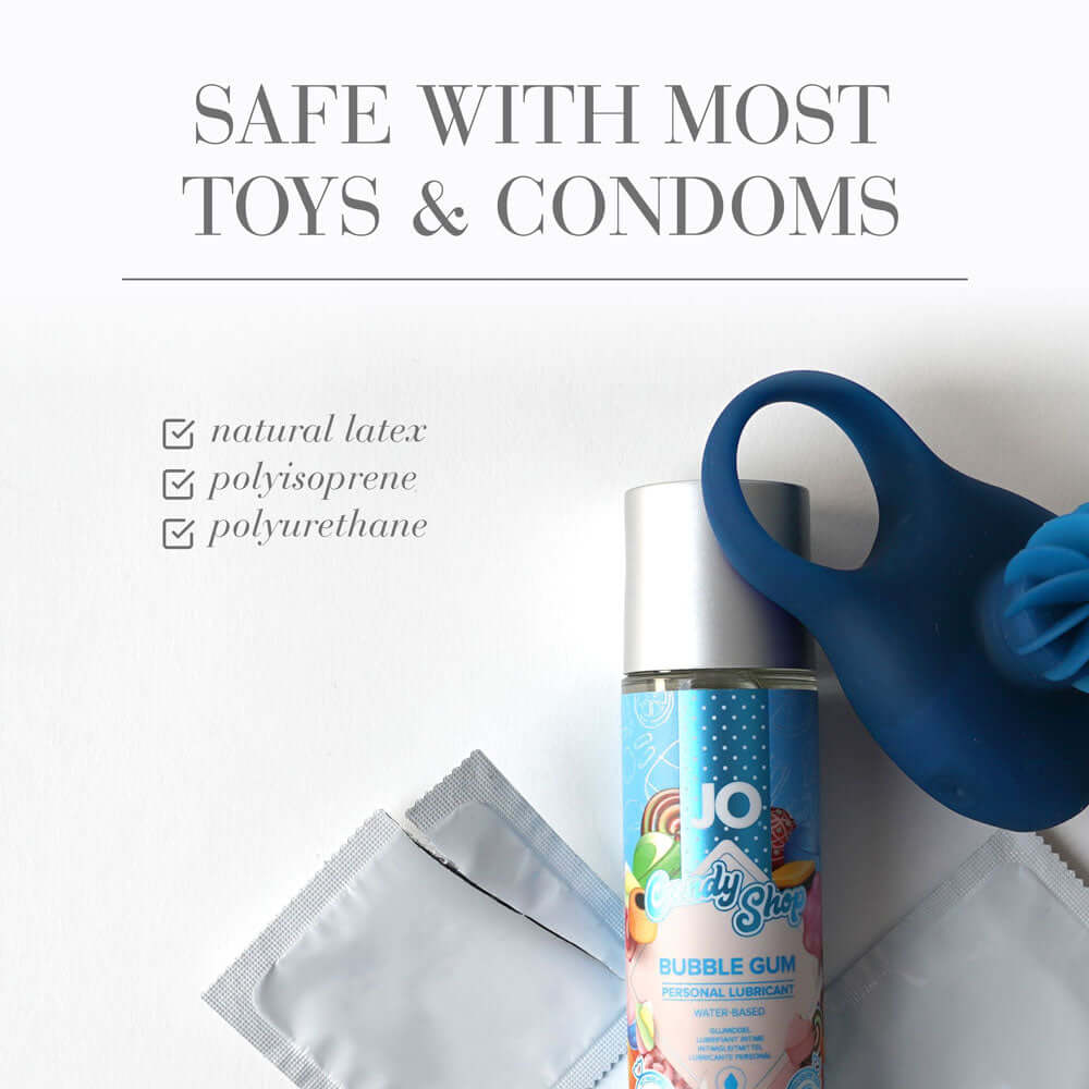 JO Candy Shop Bubblegum Flavored Lubricant bottle alongside safe use with toys and condoms.