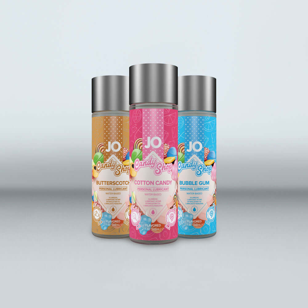 JO Candy Shop Bubblegum Lube - 60 mL - Bubblegum Flavoured Water Based Lubricant - 60 ml Bottle bottles displayed