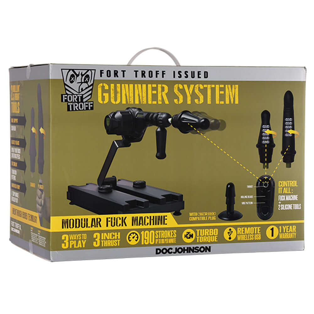 Fort Troff Gunner System modular sex machine packaging showcasing features and components.