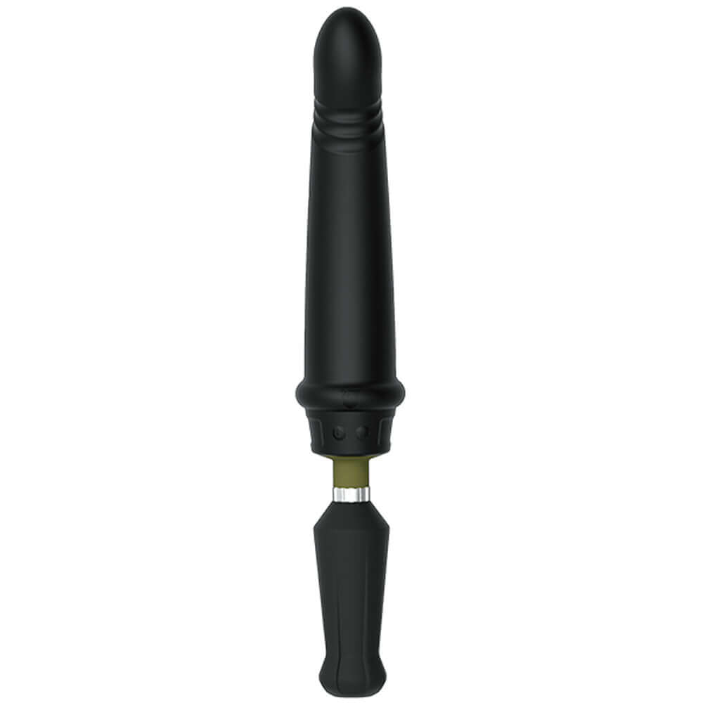 Close-up of a black dildo, a component of the Fort Troff modular sex machine, showcasing its sleek design.