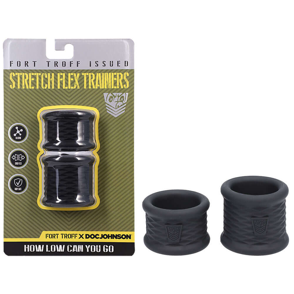 Fort Troff Stretch Flex Trainers set of 2, ball stretchers for men in black silicone packaging.