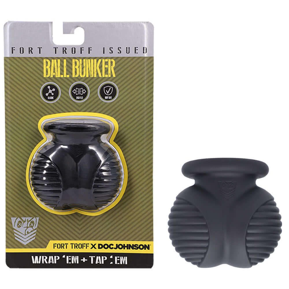Fort Troff Ball Bunker black ball stretcher for intimate play in packaging, body-safe silicone design.