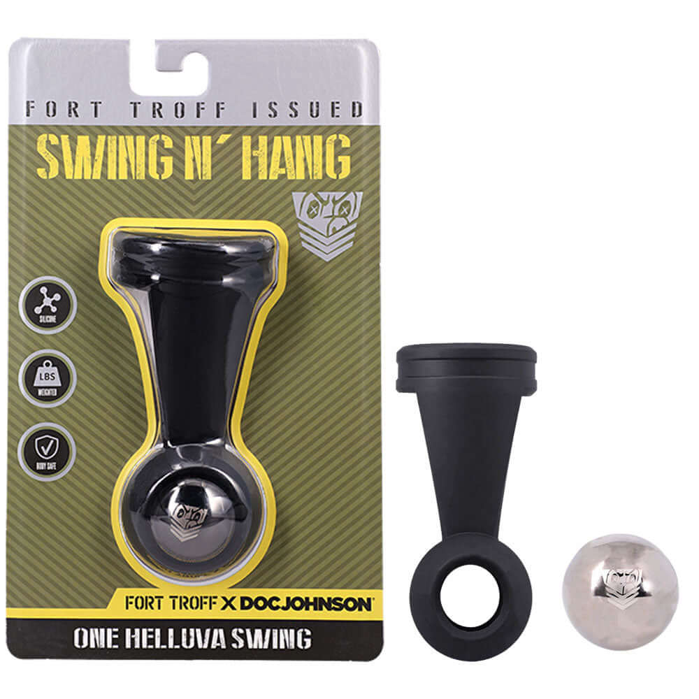Fort Troff Swing N' Hang weighted ball tugger in packaging with silicone and steel materials.