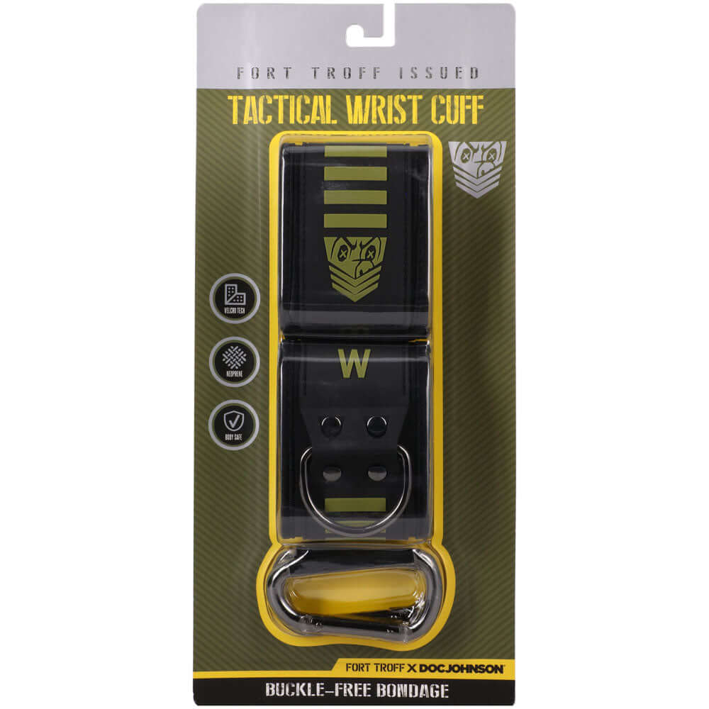 Fort Troff Tactical Wrist Cuffs packaging featuring buckle-free bondage design and super grip Velcro, ideal for tactical bondage wrist cuffs.