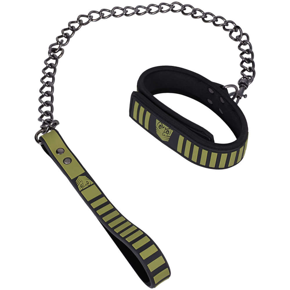 Fort Troff tactical bondage collar and leash in black and green with chain attachment for secure control.