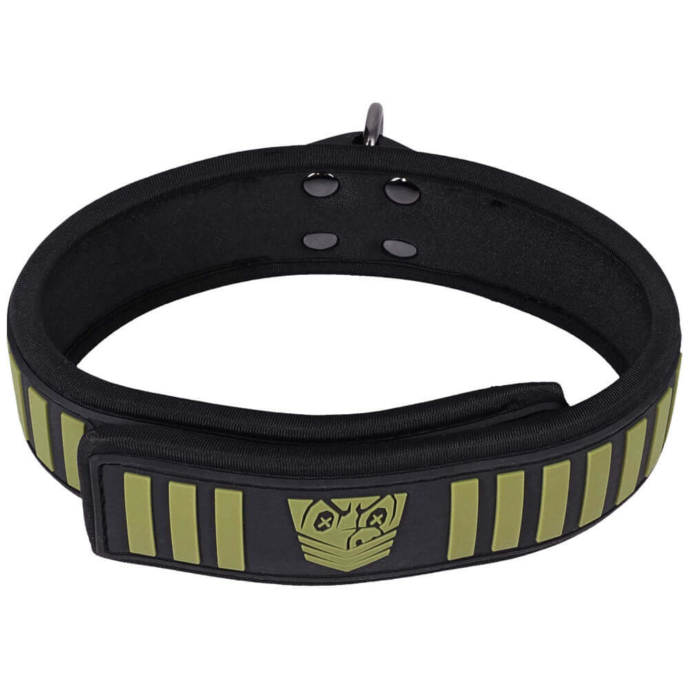 tactical bondage collar and leash featuring black and green color with Velcro Tech and cushioned neoprene design.