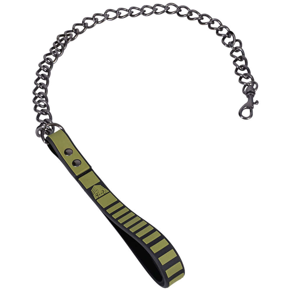 Black and green tactical bondage collar and leash featuring durable chain and Velcro strap for unmatched security.