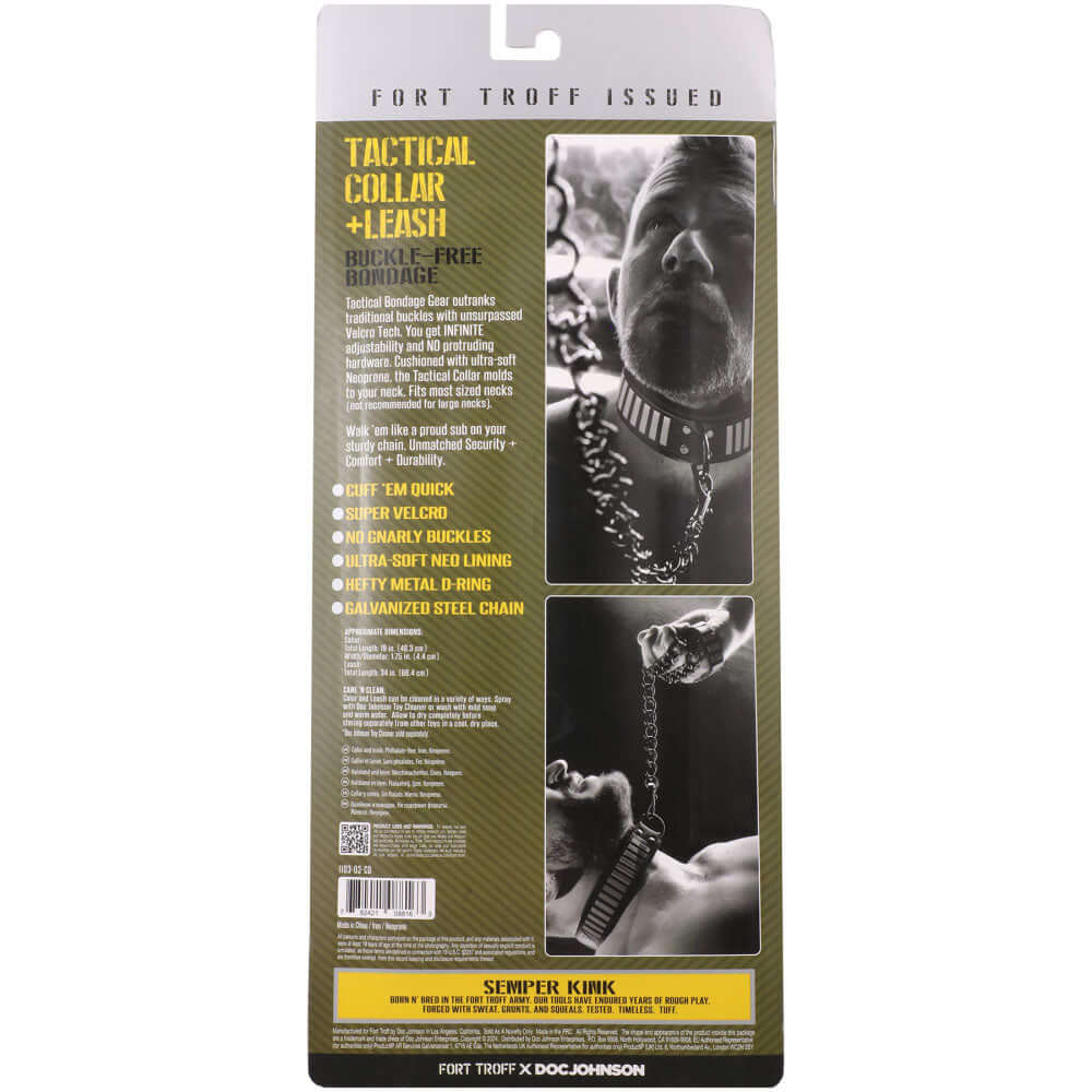 Fort Troff - Tactical Collar & Leash - Black/Green Restraint packaging, featuring Velcro tech and heavy-duty chain details.