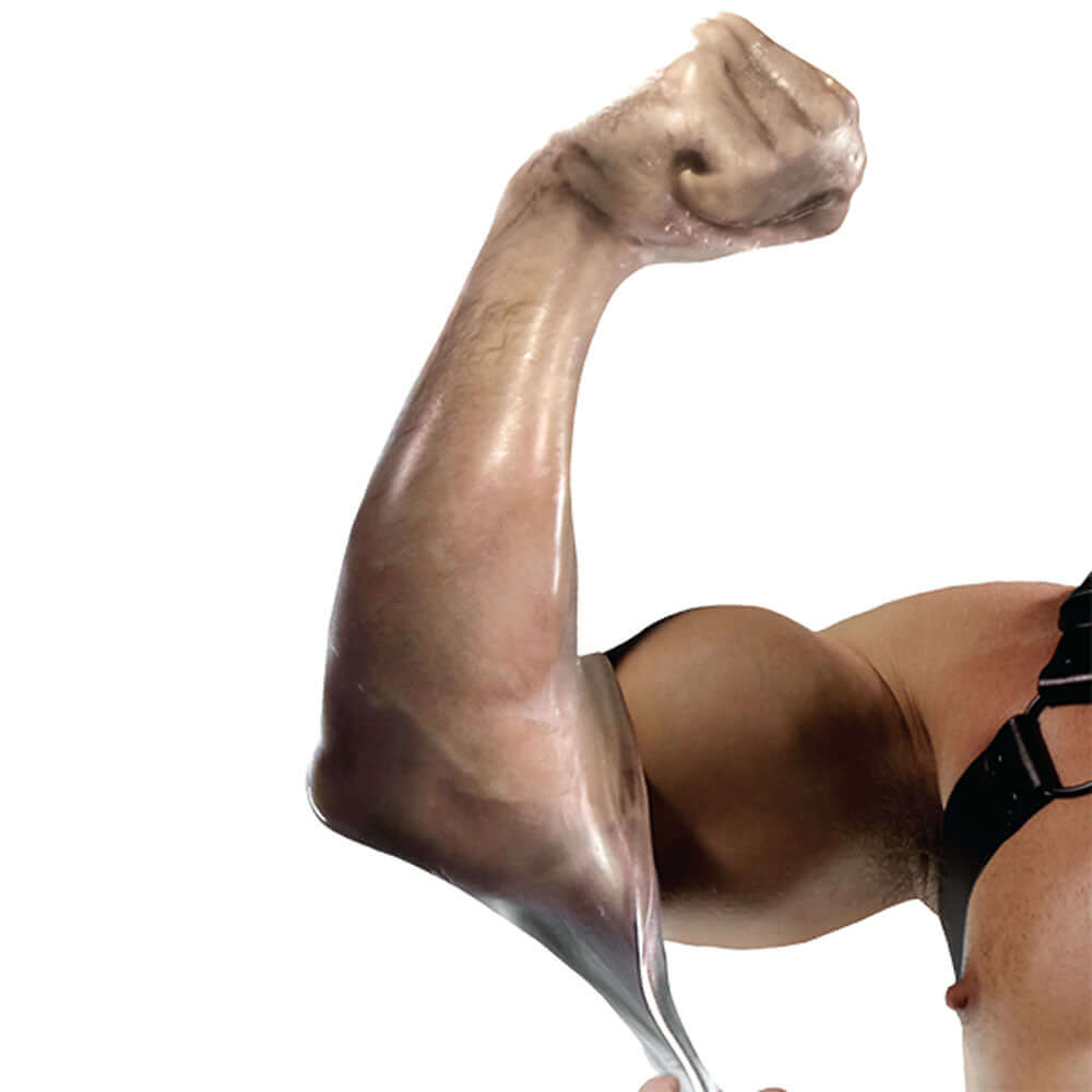 Close-up of a muscular arm wearing the frosted fisting sleeve, showcasing its thickness and transparency.