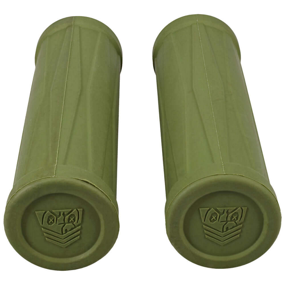Set of green rubber grips for tactical equipment, designed for enhanced comfort and control.