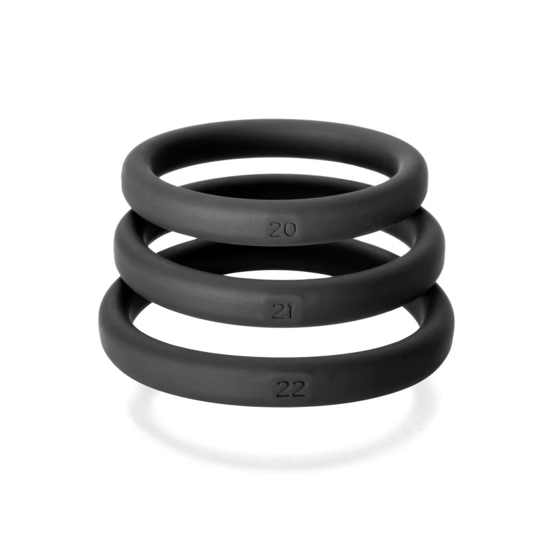 Xact-Fit Silicone Rings X-Large 3 Ring Kit featuring sizes #20, #21, and #22 in sleek black silicone.