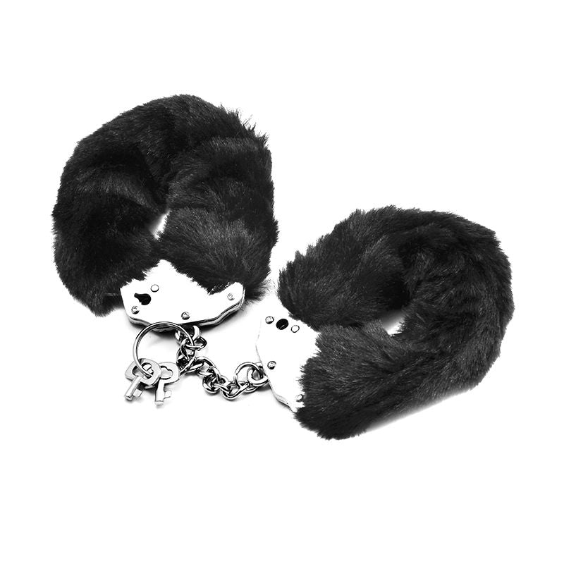 Fetish Pleasure Fluffy Hand Cuffs Black, made with sturdy metal and soft fur, perfect for intimate essentials for her.