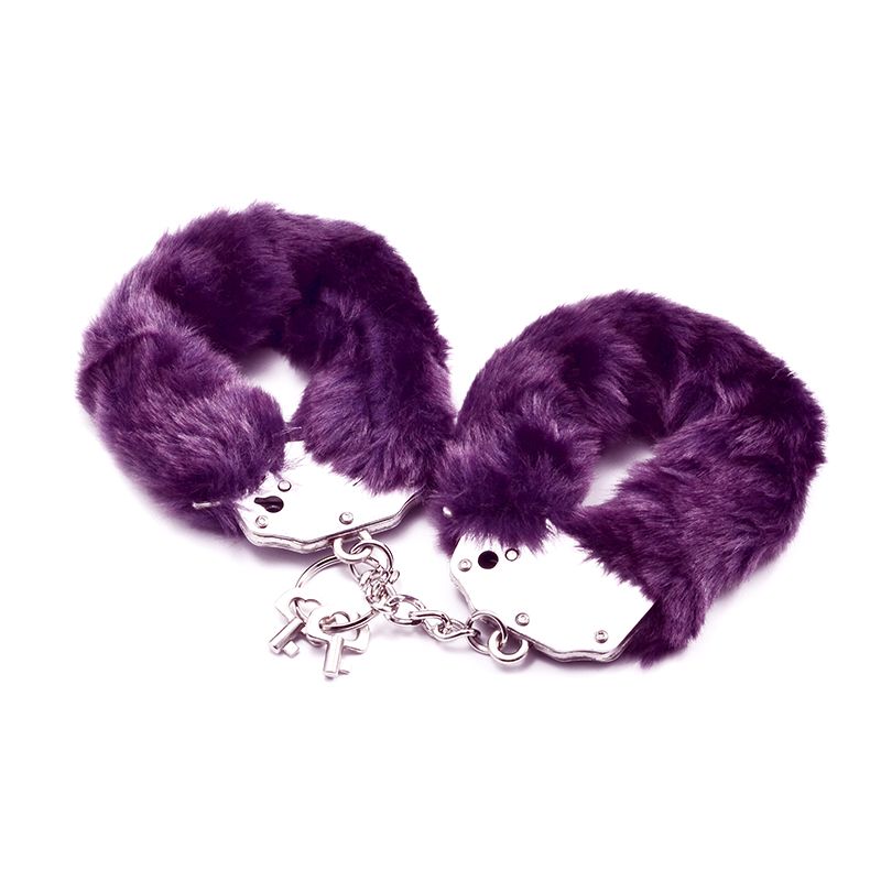 Fluffy purple handcuffs with sturdy metal and soft fur for enhanced comfort and safety during use.