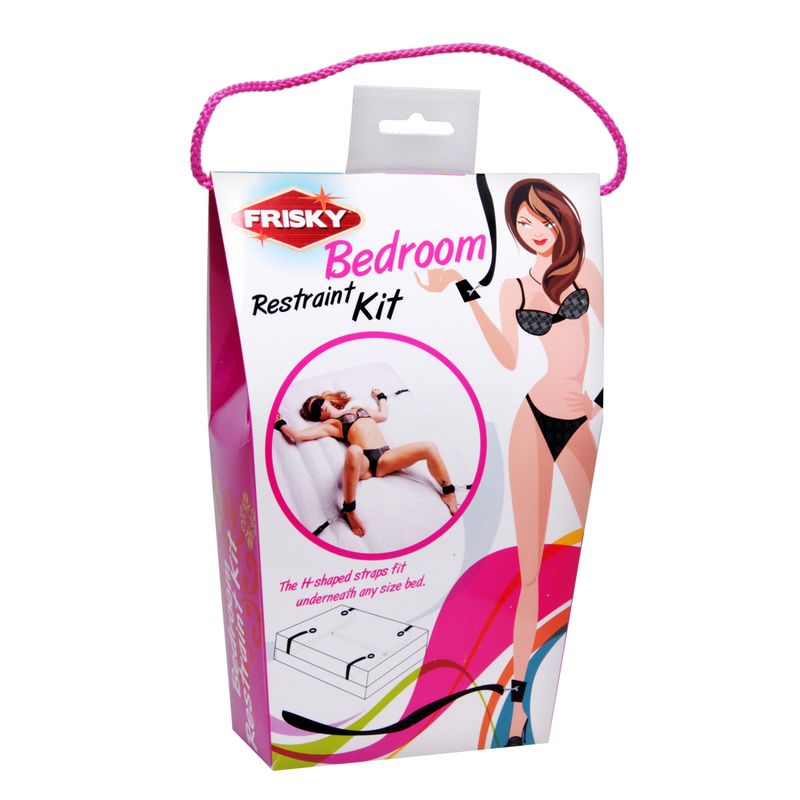 Frisky Bedroom Restraint Kit Black packaging showcasing its features for intimate essentials.