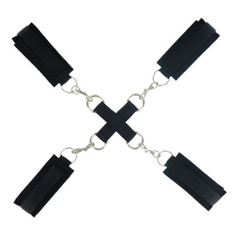 Cross tie restraints for sensual play featuring adjustable straps and metal clips for versatile positioning.