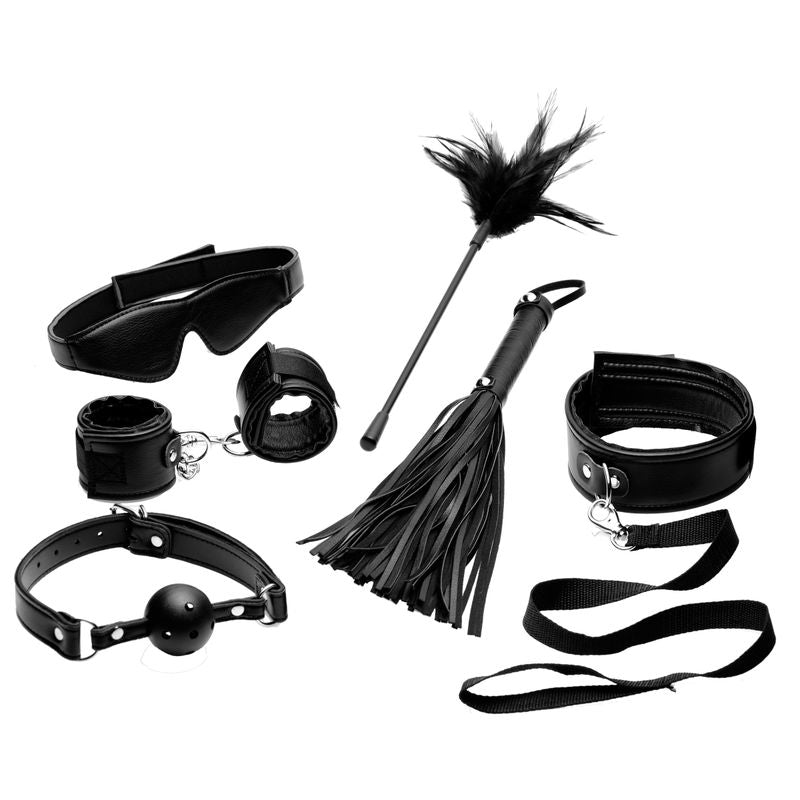 Tame Me 8 Pc Beginner Bondage Set including cuffs, blindfold, flogger, collar, and leash for intimate essentials.