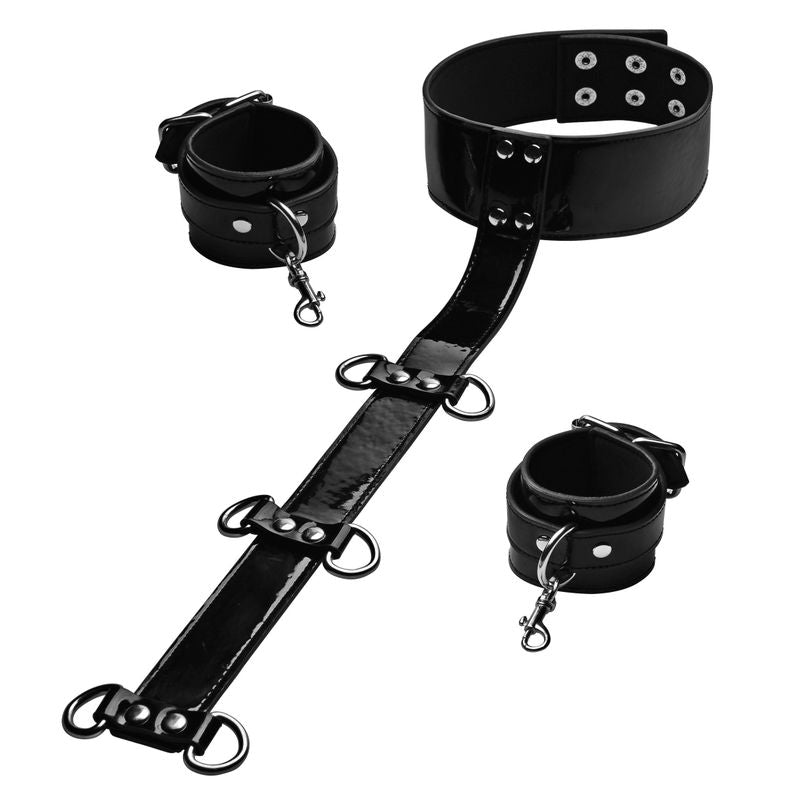 Adjustable neck and wrist restraints in black with D-rings for versatile use and comfortable play.