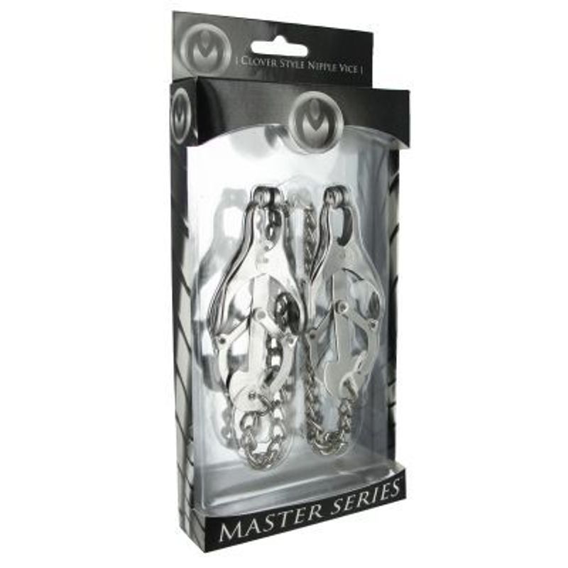 Sterling Monarch nipple clamps in packaging, featuring clover style design from Master Series.