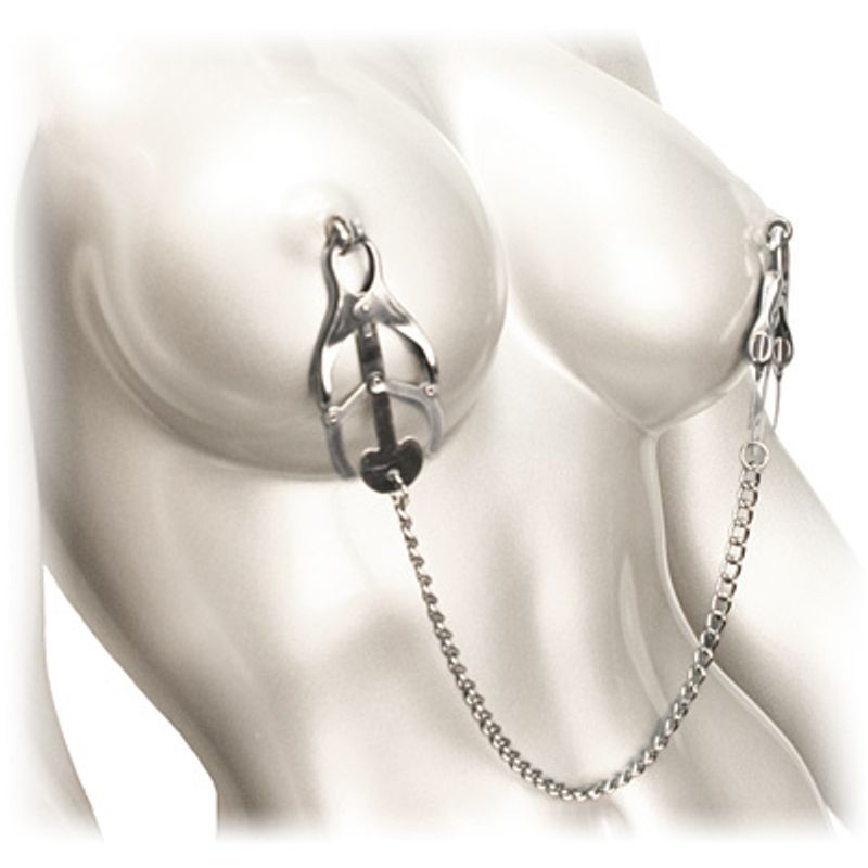 Sterling Monarch nipple clamps showcased on a mannequin, emphasizing their design and function in bondage play.
