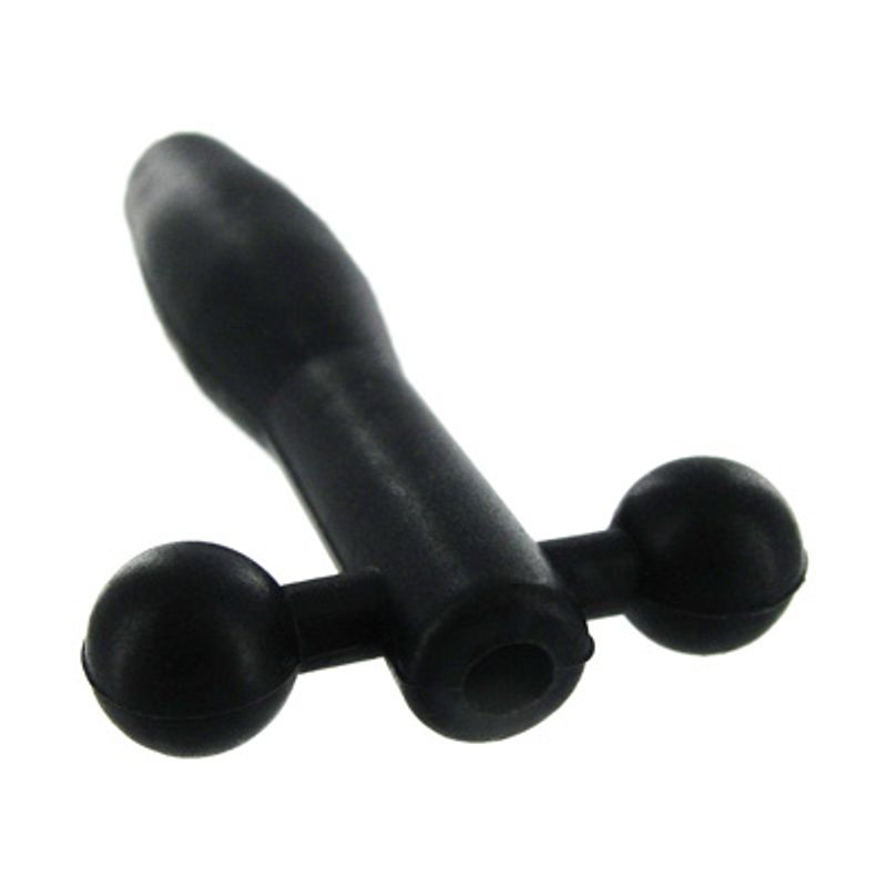 Silicone penis plug with twin barbells for urethral play, made of flexible and lightweight black silicone.