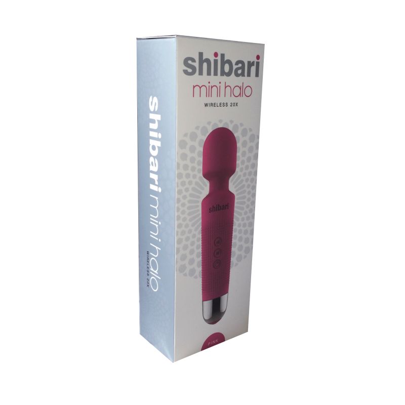 Shibari Mini Wand Halo 20X Pink packaging for mini wand massager showcasing its design and features.