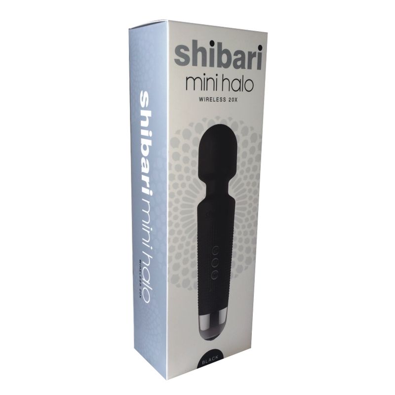 Shibari Mini Wand Halo 20X Black packaging featuring a sleek design and wireless functionality for intimate essentials.