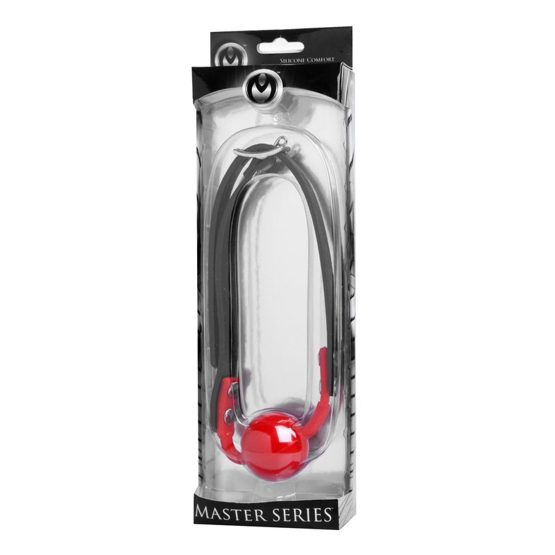 The Hush Gag Silicone Comfort Ball Gag packaged in a sleek box, featuring a red ball gag for comfort and style.