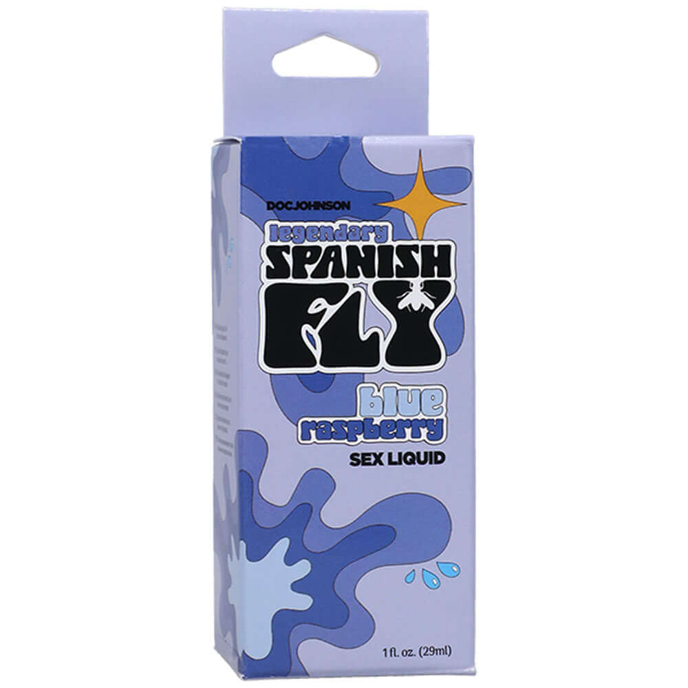Spanish Fly blue raspberry aphrodisiac liquid in a 29 ml box, designed to enhance sexual energy.
